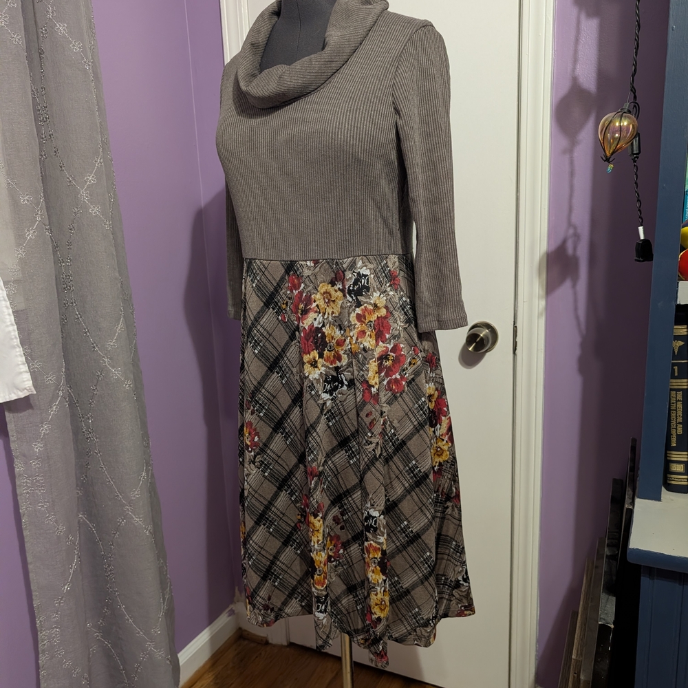 Floral Plaid Cowl Neck Dress